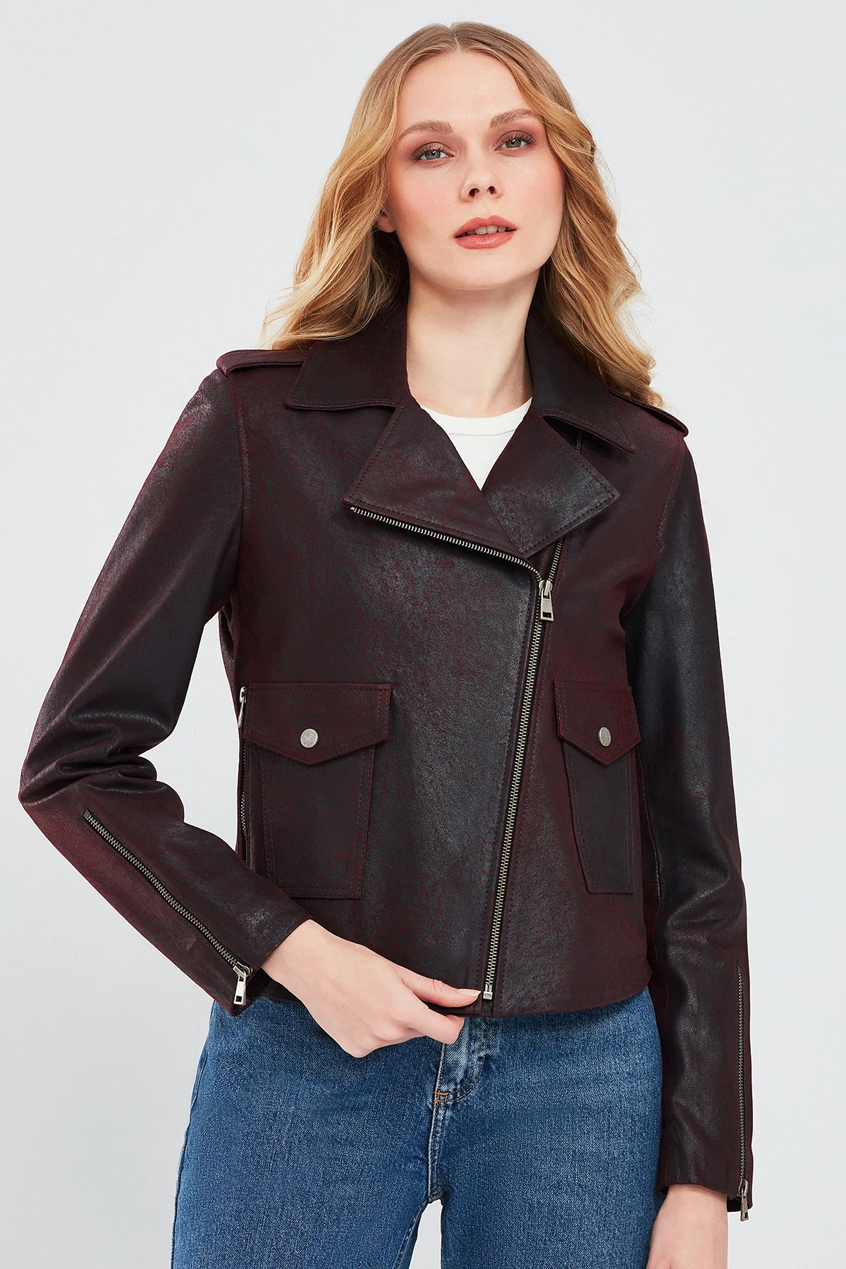 Amor Kadın Bordo Biker Deri Ceket - Image 2