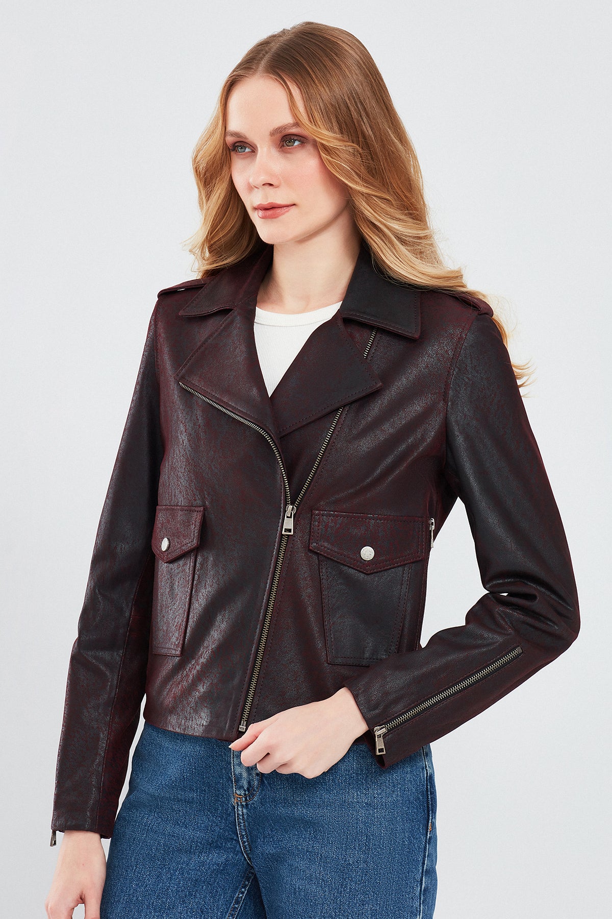 Amor Kadın Bordo Biker Deri Ceket - Image 3