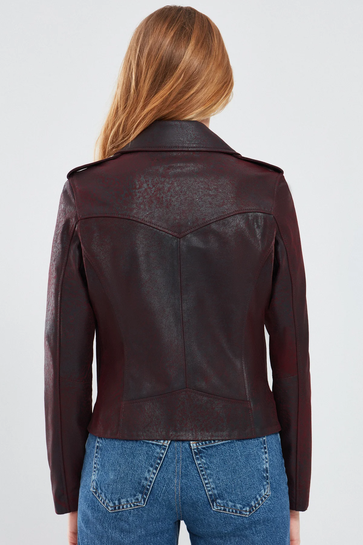 Amor Kadın Bordo Biker Deri Ceket - Image 4