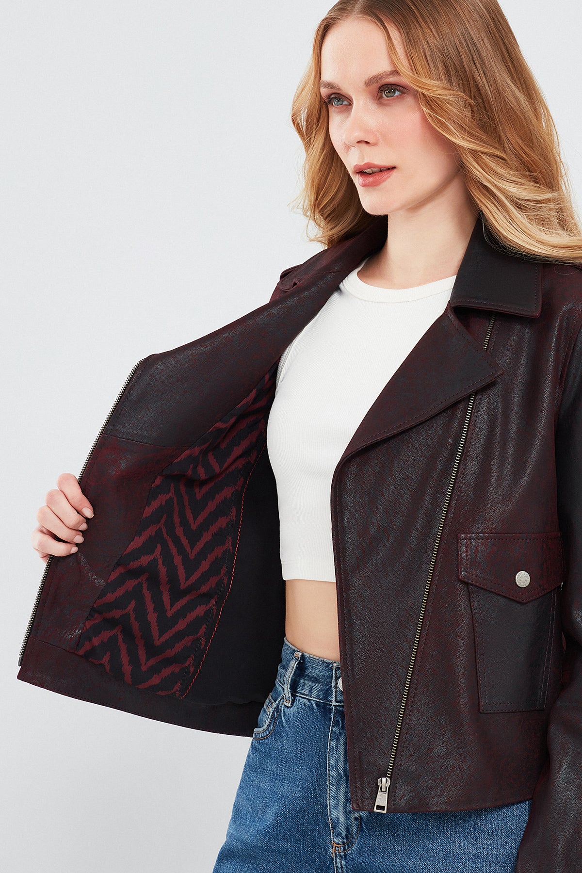 Amor Kadın Bordo Biker Deri Ceket - Image 7