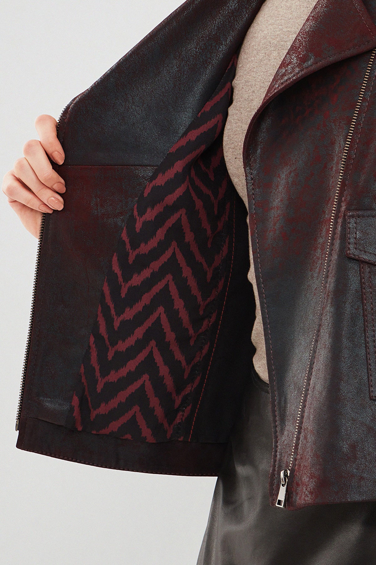 Amor Kadın Bordo Biker Deri Ceket - Image 8