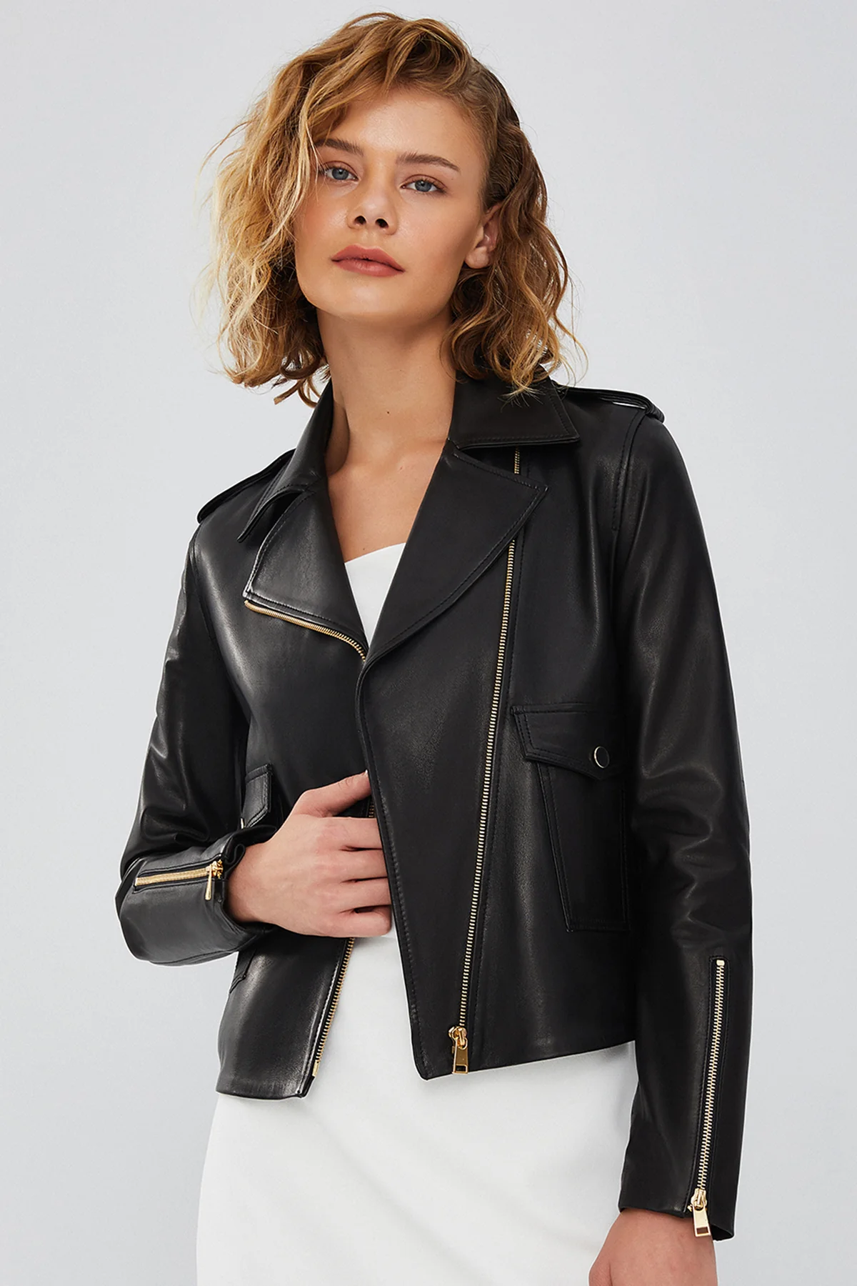 Amor Kadın Siyah Biker Deri Ceket - Image 3