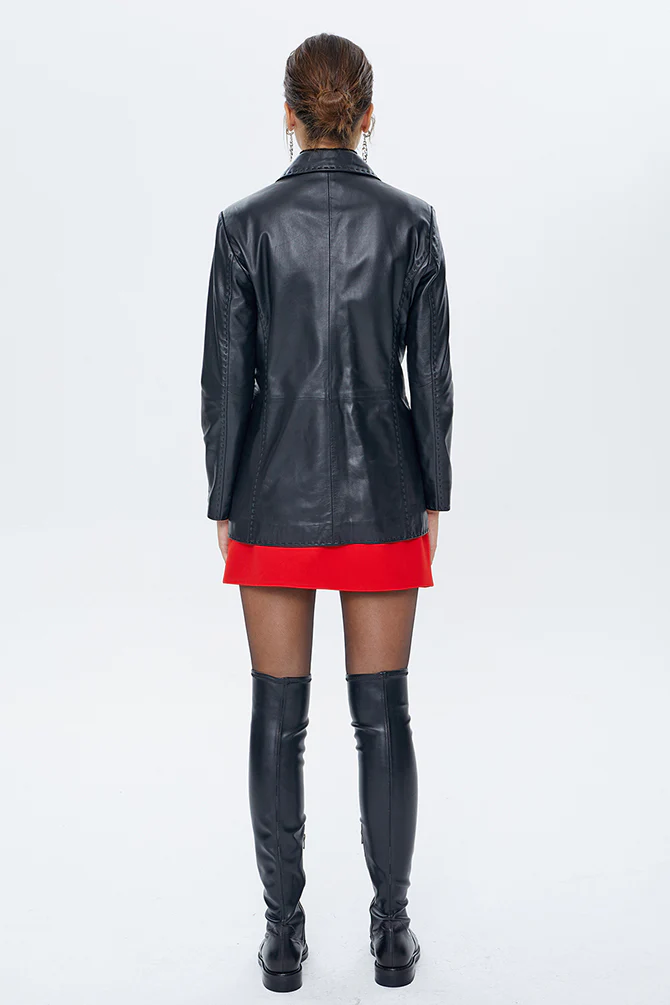 Barbara Kadın Siyah Blazer Deri Ceket - Image 5