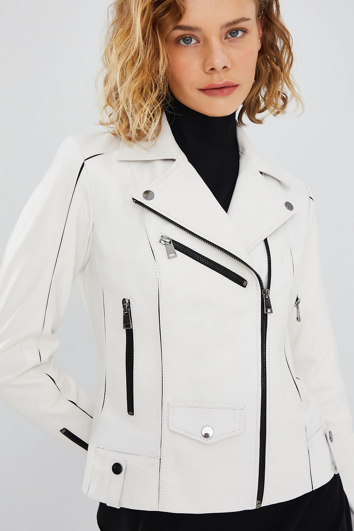 Bella Kadın Beyaz Slim-Fit Biker Deri Ceket - Image 11