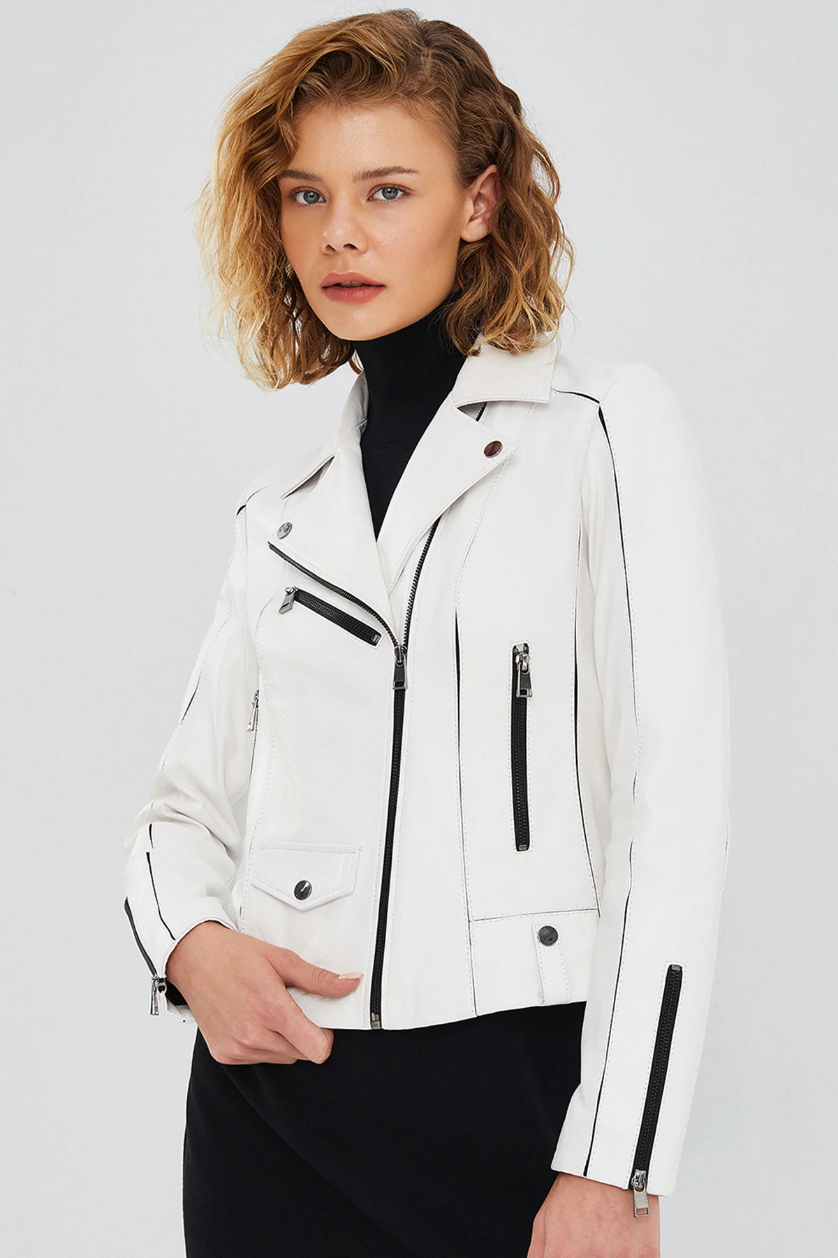 Bella Kadın Beyaz Slim-Fit Biker Deri Ceket - Image 8