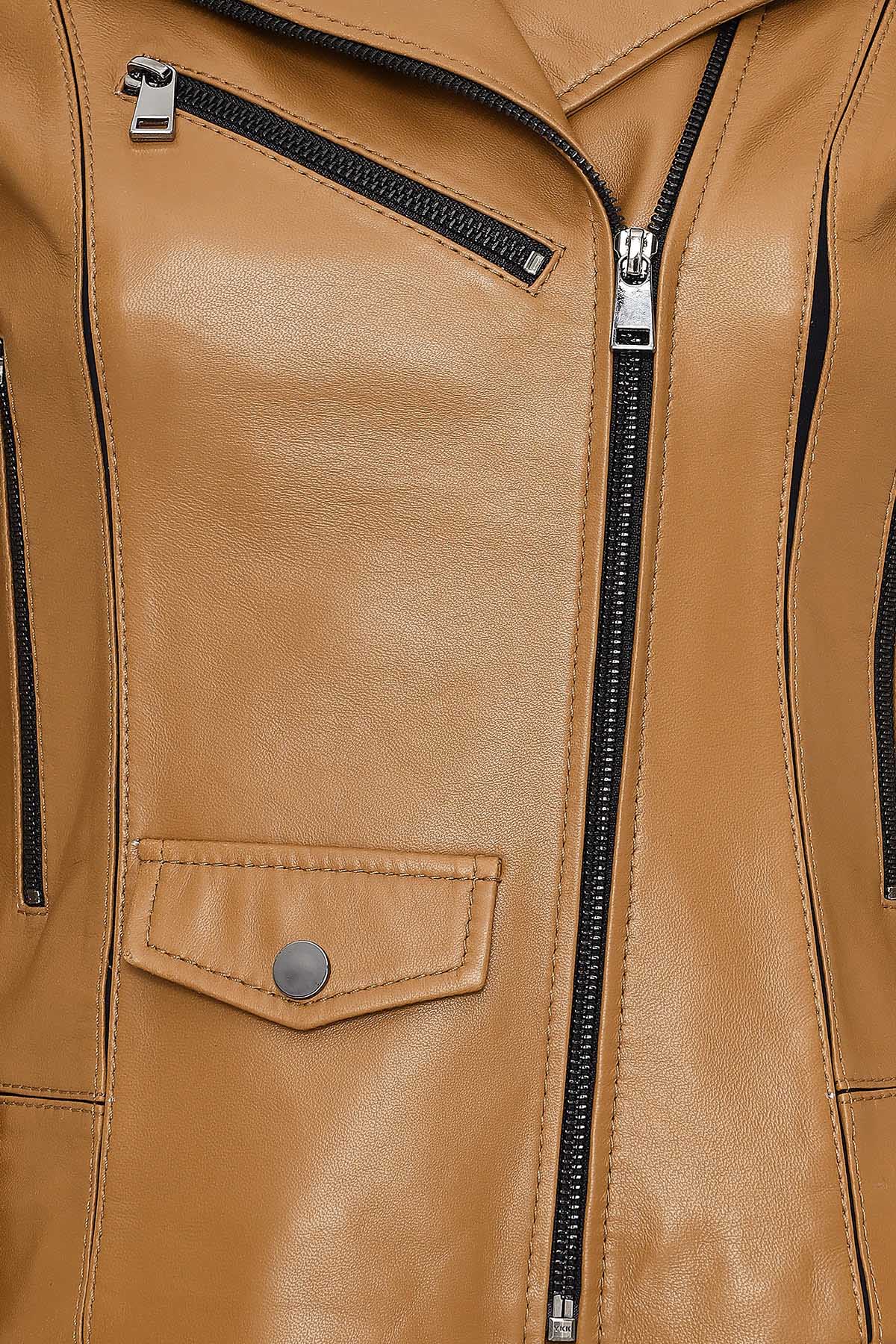 Bella Kadın Camel Biker Kısa Deri Ceket - Image 3