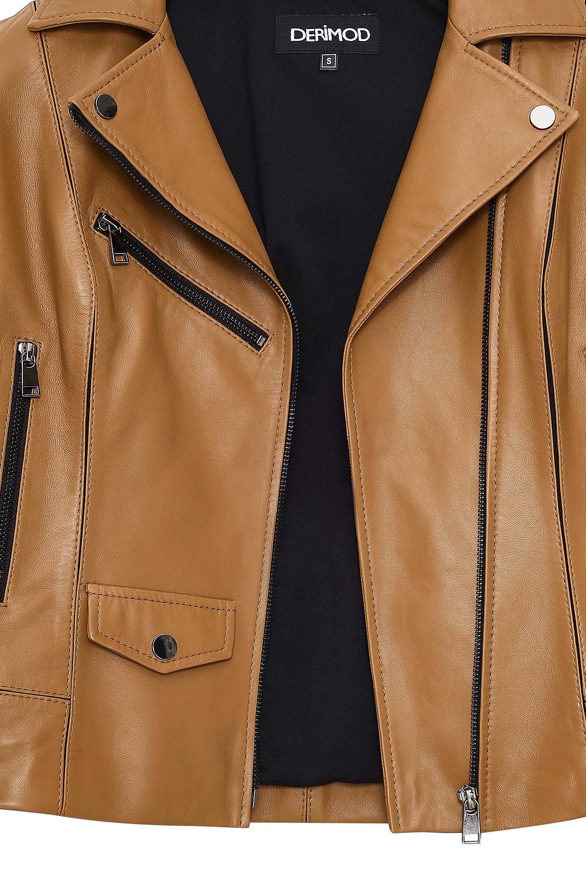 Bella Kadın Camel Biker Kısa Deri Ceket - Image 5