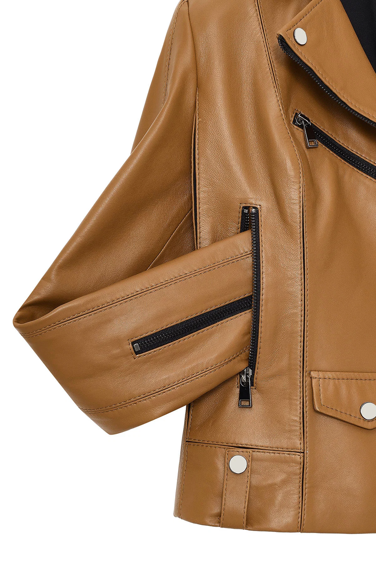 Bella Kadın Camel Biker Kısa Deri Ceket - Image 6