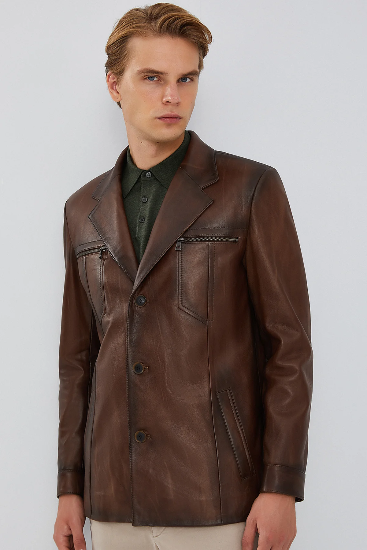 Bernard Erkek Kahverengi Blazer Deri Ceket - Image 4