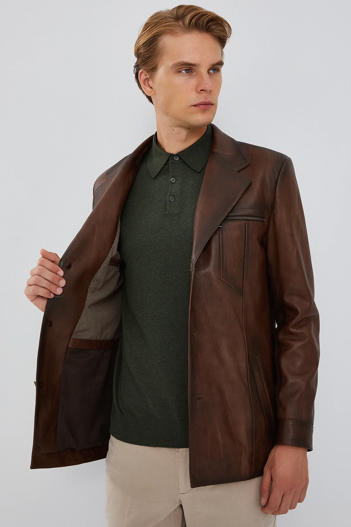Bernard Erkek Kahverengi Blazer Deri Ceket - Image 8