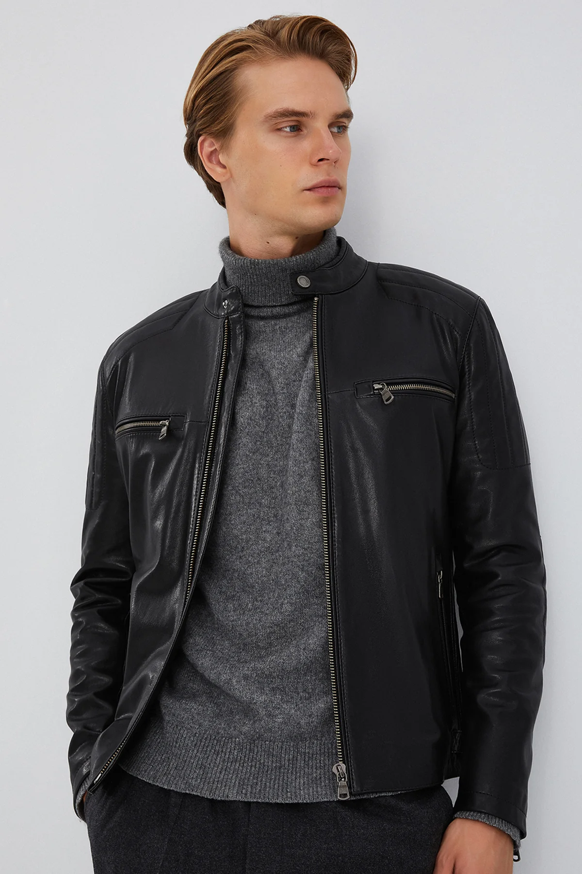 Braun Erkek Siyah Slim-Fit Deri Mont - Image 4