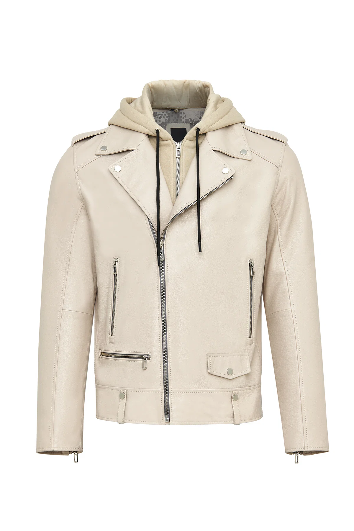 Butler Erkek Bej Kapüşonlu Biker Deri Ceket - Image 11