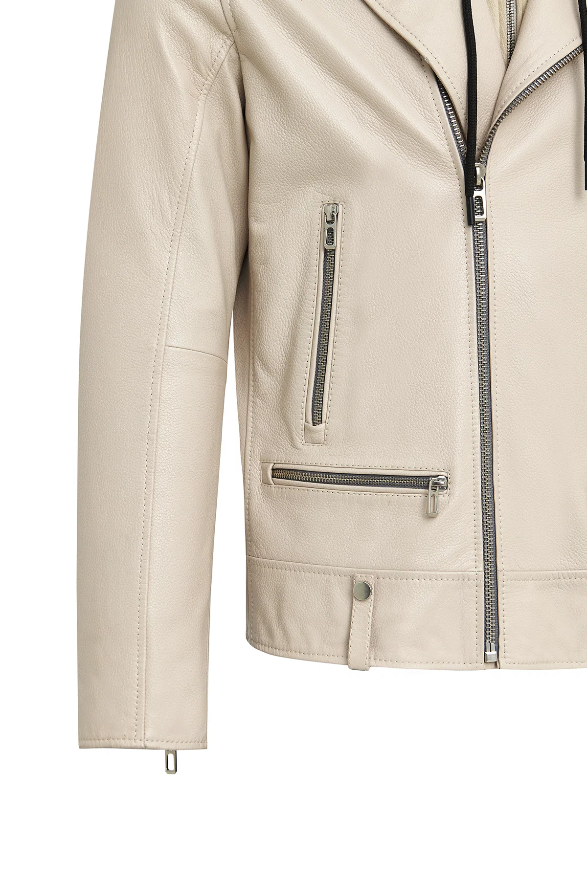Butler Erkek Bej Kapüşonlu Biker Deri Ceket - Image 14