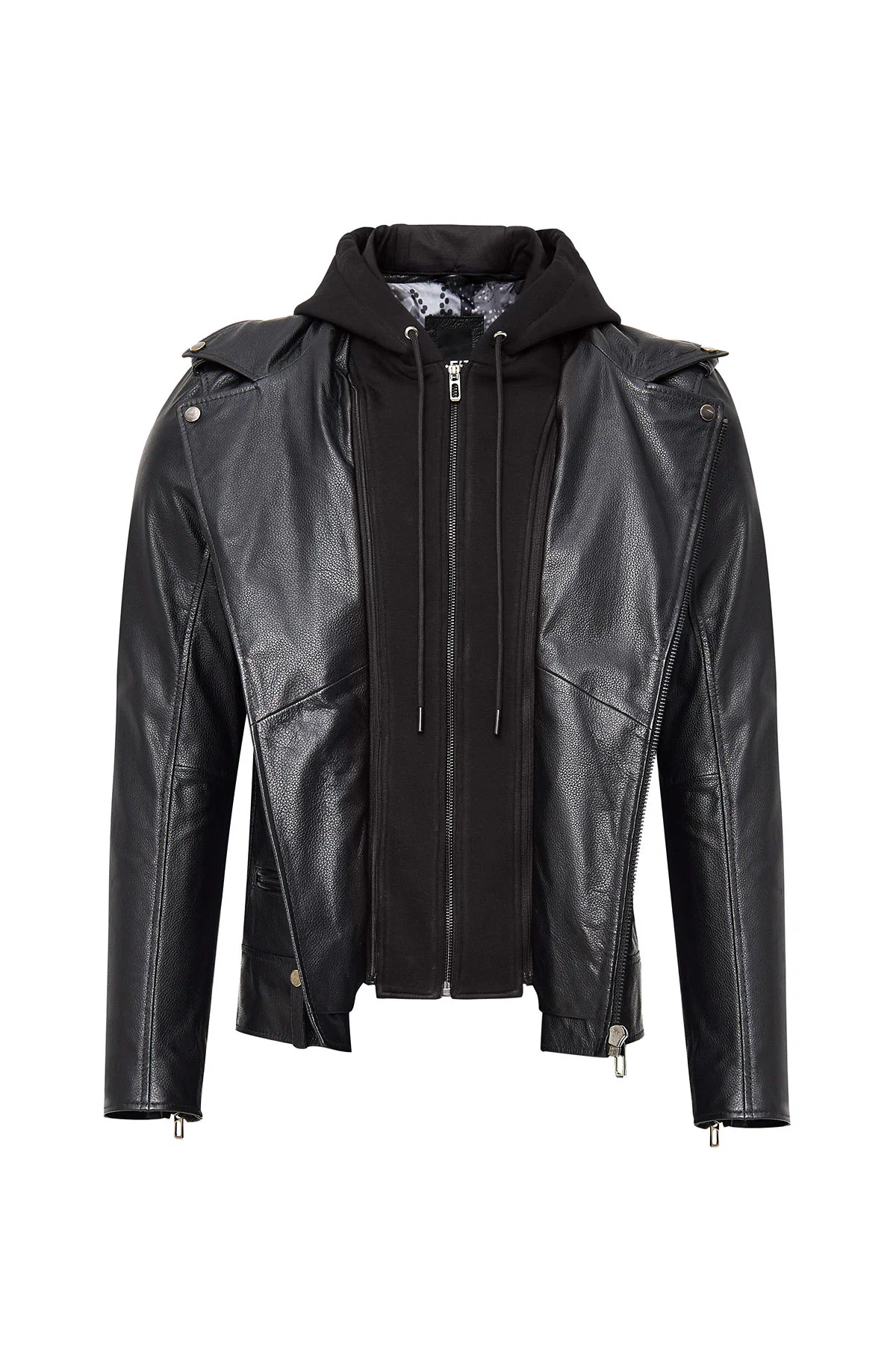 Butler Erkek Siyah Kapüşonlu Biker Deri Ceket - Image 3