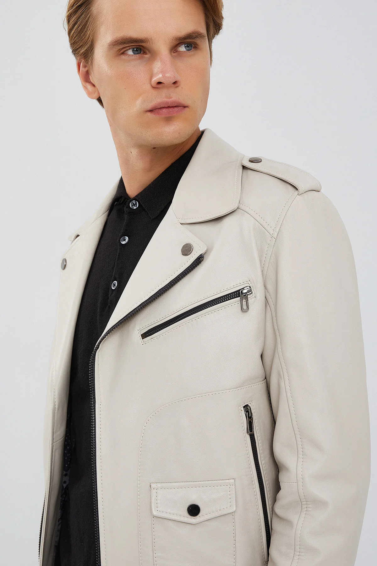 Carter Erkek Bej Biker Deri Mont - Image 10