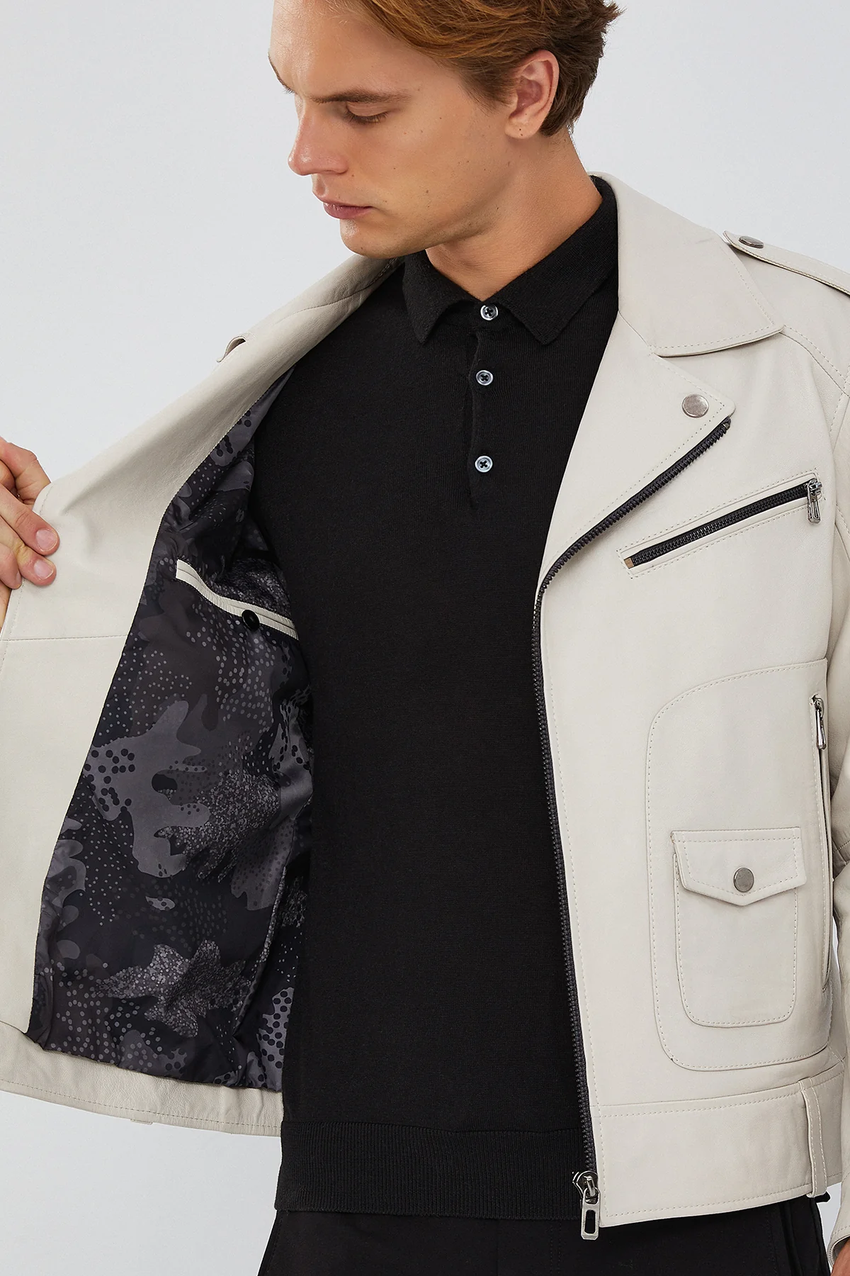 Carter Erkek Bej Biker Deri Mont - Image 12