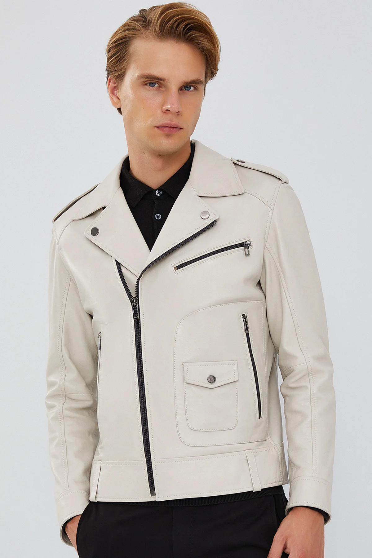 Carter Erkek Bej Biker Deri Mont - Image 3