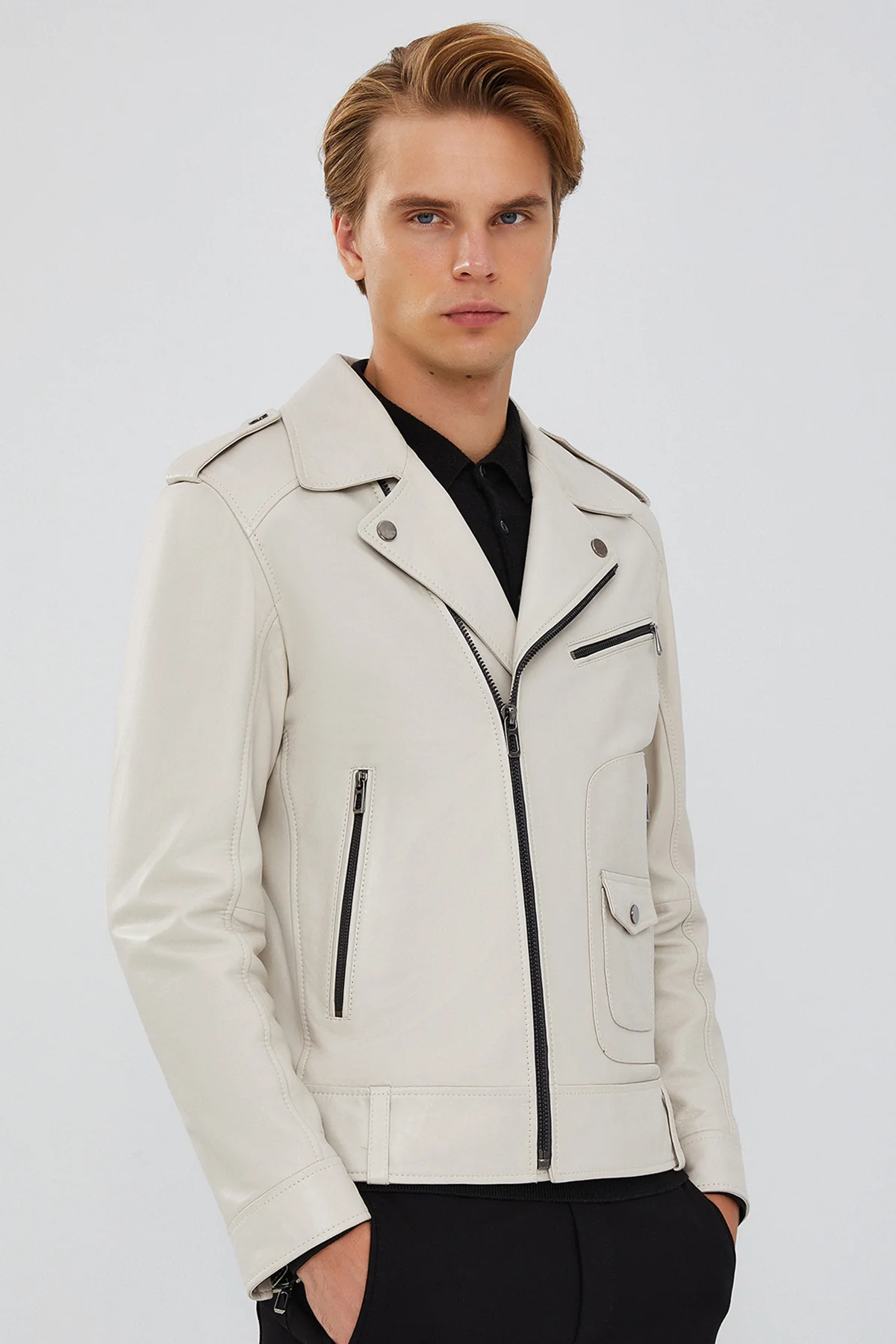 Carter Erkek Bej Biker Deri Mont - Image 4
