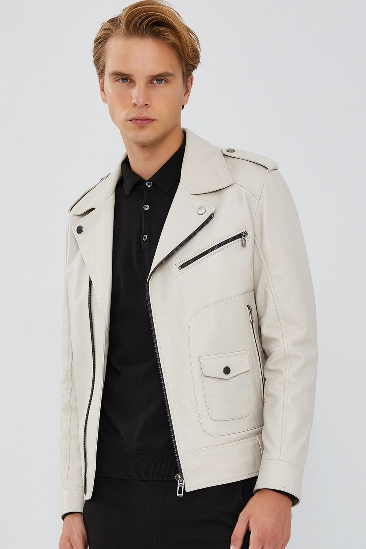 Carter Erkek Bej Biker Deri Mont - Image 5