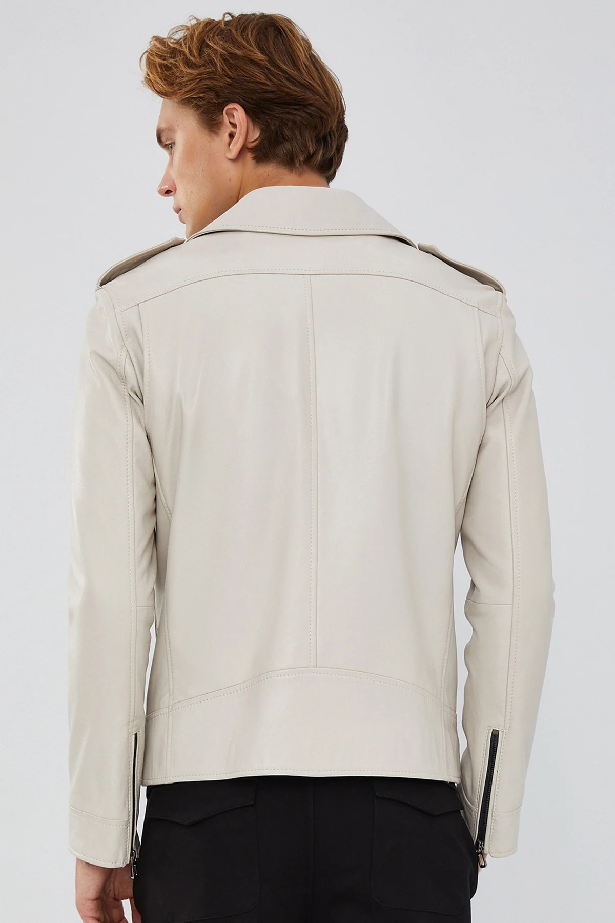 Carter Erkek Bej Biker Deri Mont - Image 6