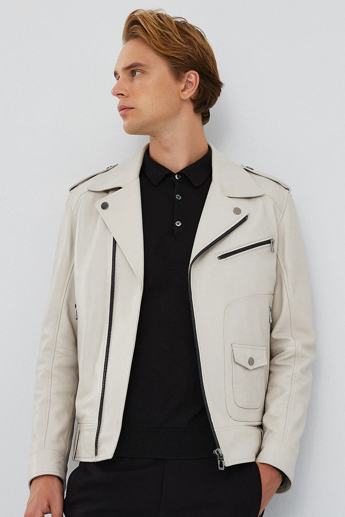 Carter Erkek Bej Biker Deri Mont - Image 7