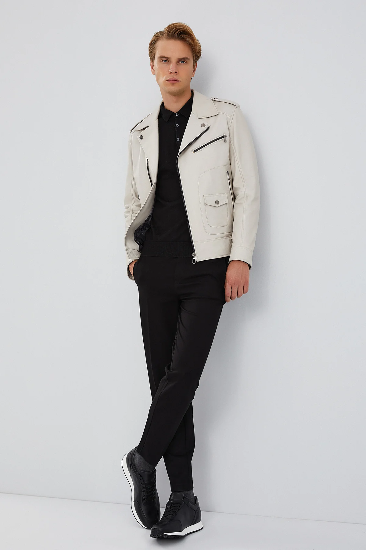 Carter Erkek Bej Biker Deri Mont - Image 9