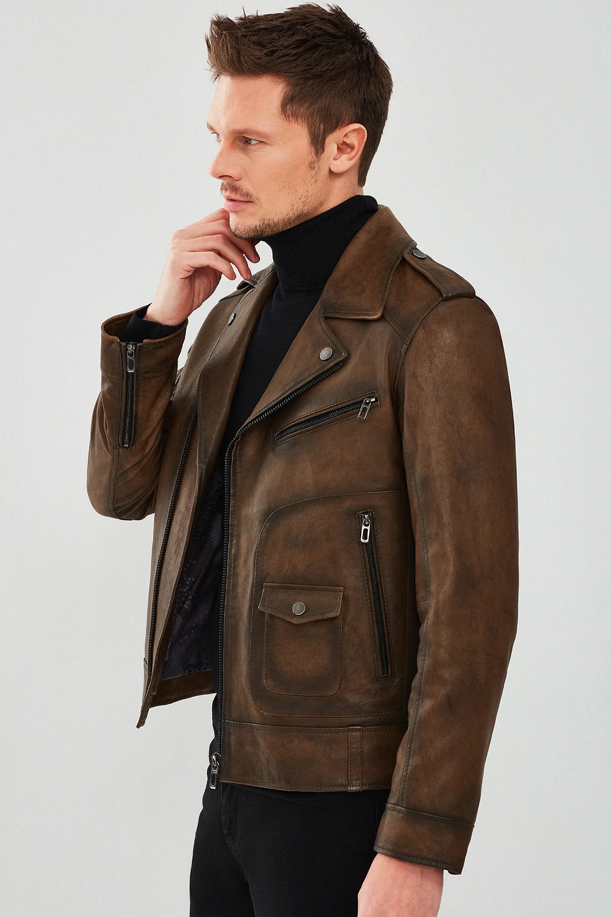 Carter Erkek Kahverengi Biker Deri Mont - Image 3