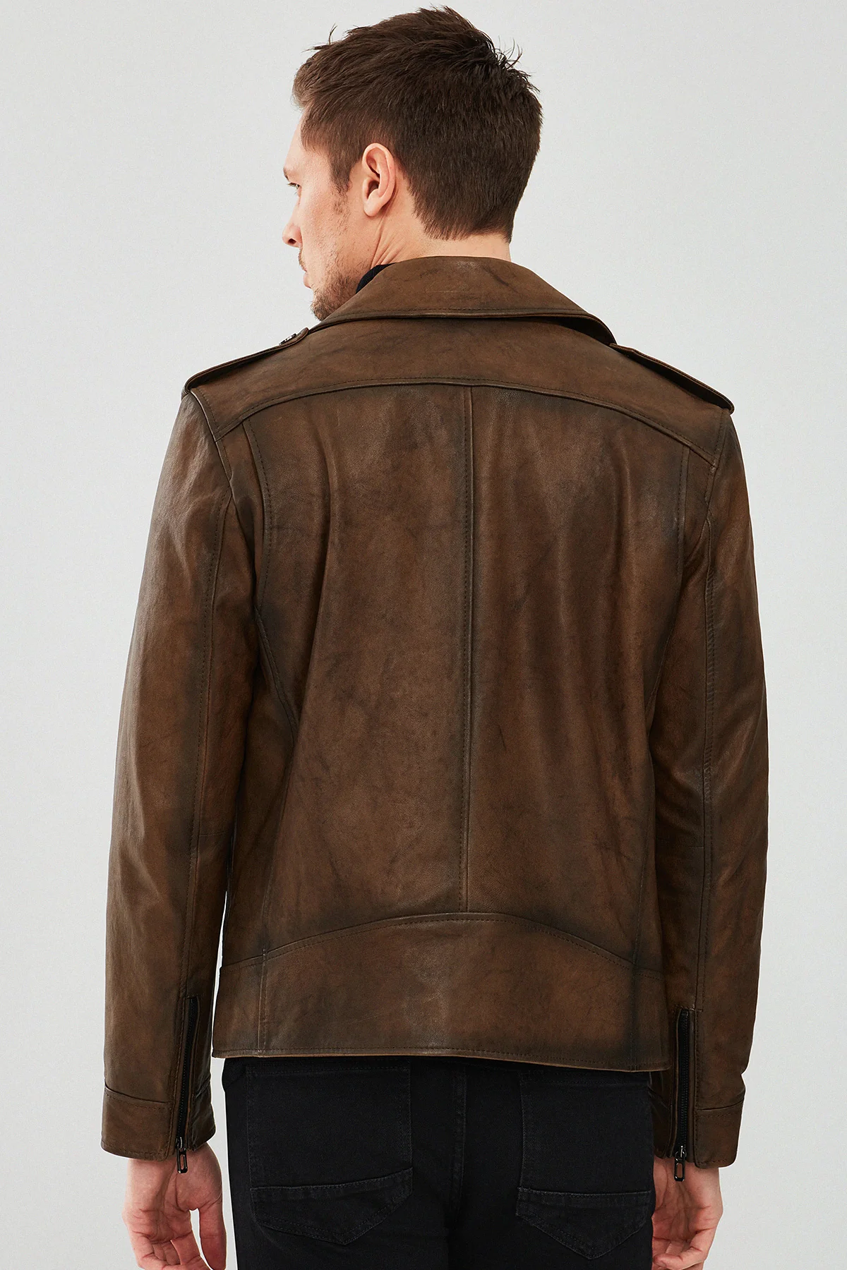 Carter Erkek Kahverengi Biker Deri Mont - Image 4