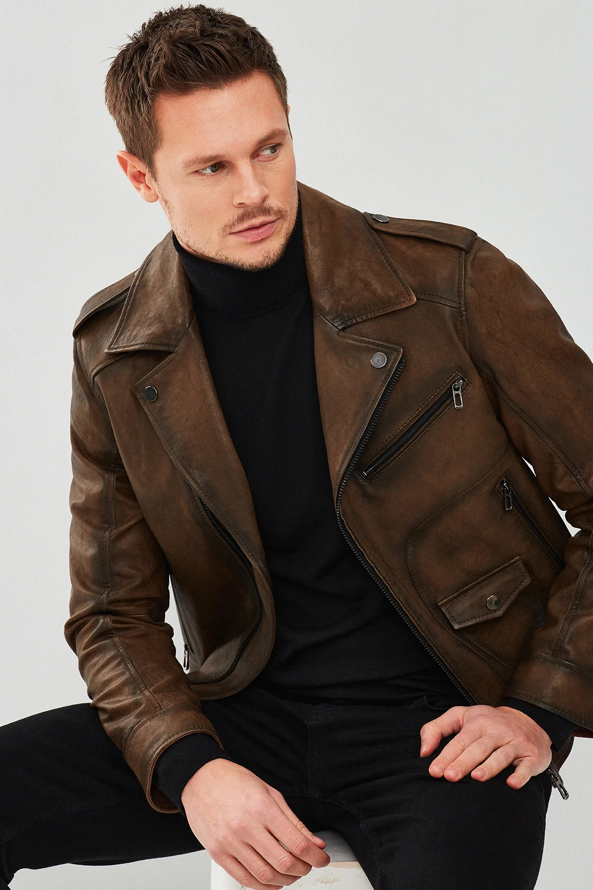 Carter Erkek Kahverengi Biker Deri Mont - Image 5