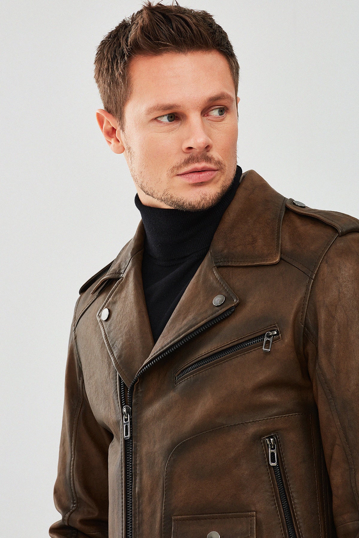 Carter Erkek Kahverengi Biker Deri Mont - Image 7