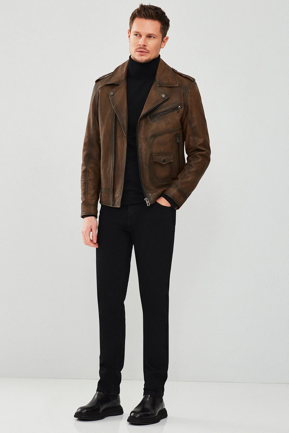 Carter Erkek Kahverengi Biker Deri Mont - Image 8