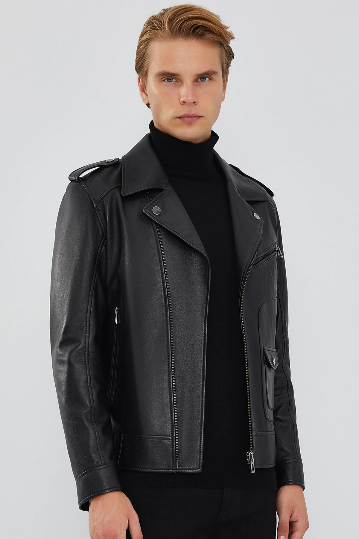 Carter Erkek Siyah Biker Deri Mont - Image 3