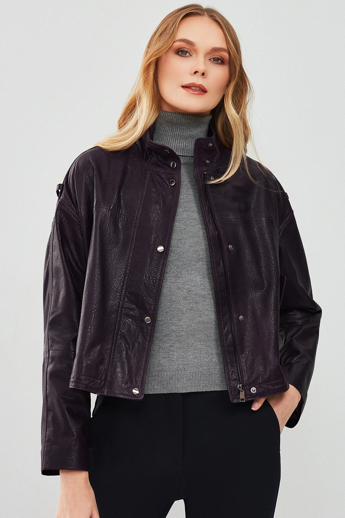 Cassy Kadın Mor Oversize Deri Ceket - Image 2