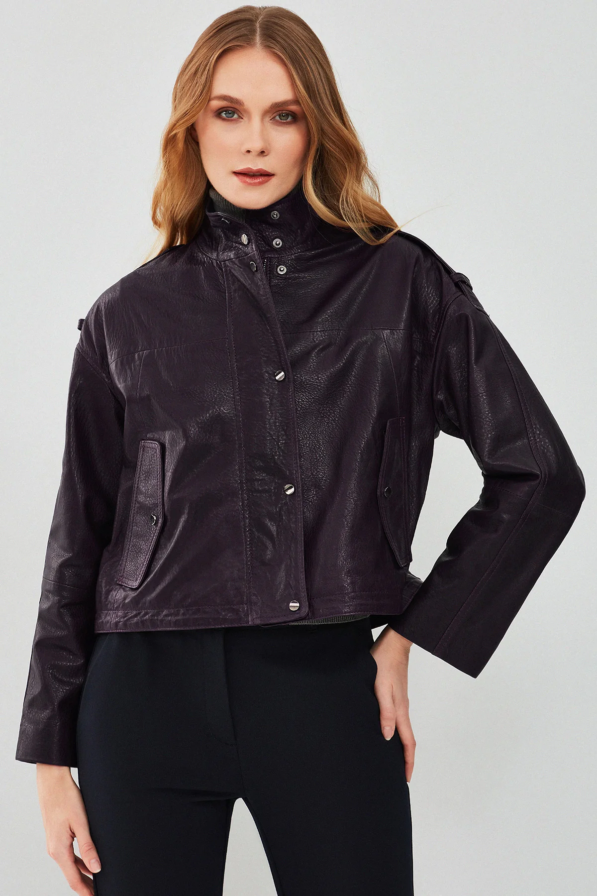 Cassy Kadın Mor Oversize Deri Ceket - Image 3