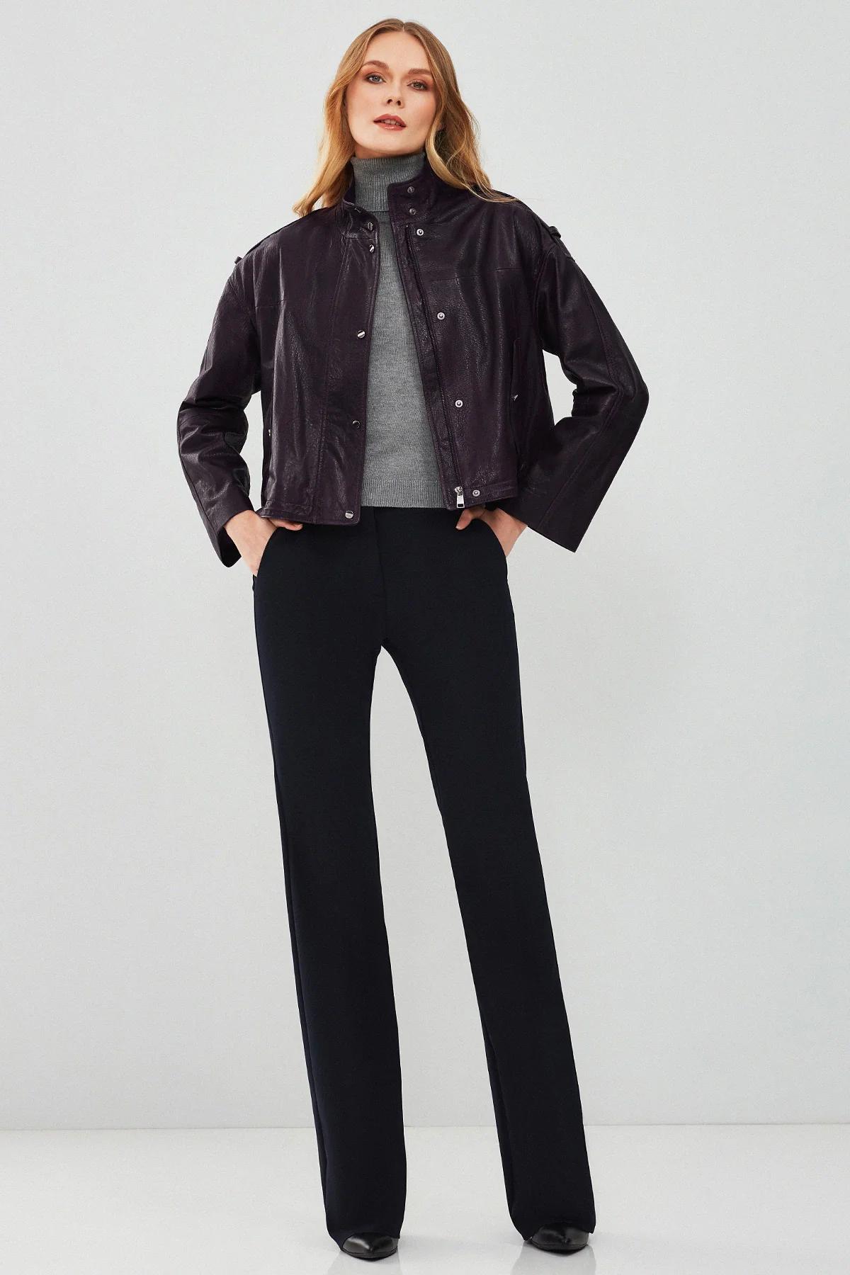 Cassy Kadın Mor Oversize Deri Ceket - Image 6