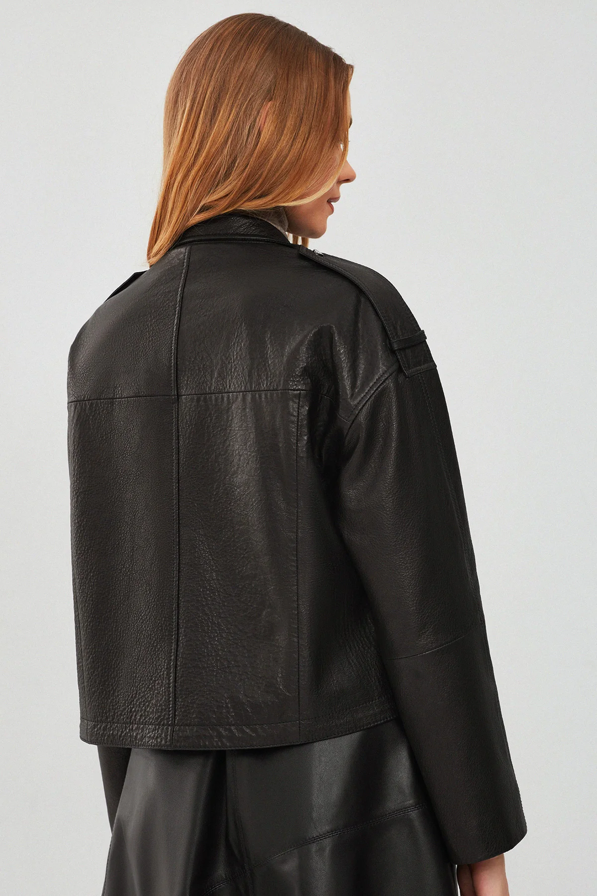 Cassy Kadın Siyah Oversize Deri Ceket - Image 5