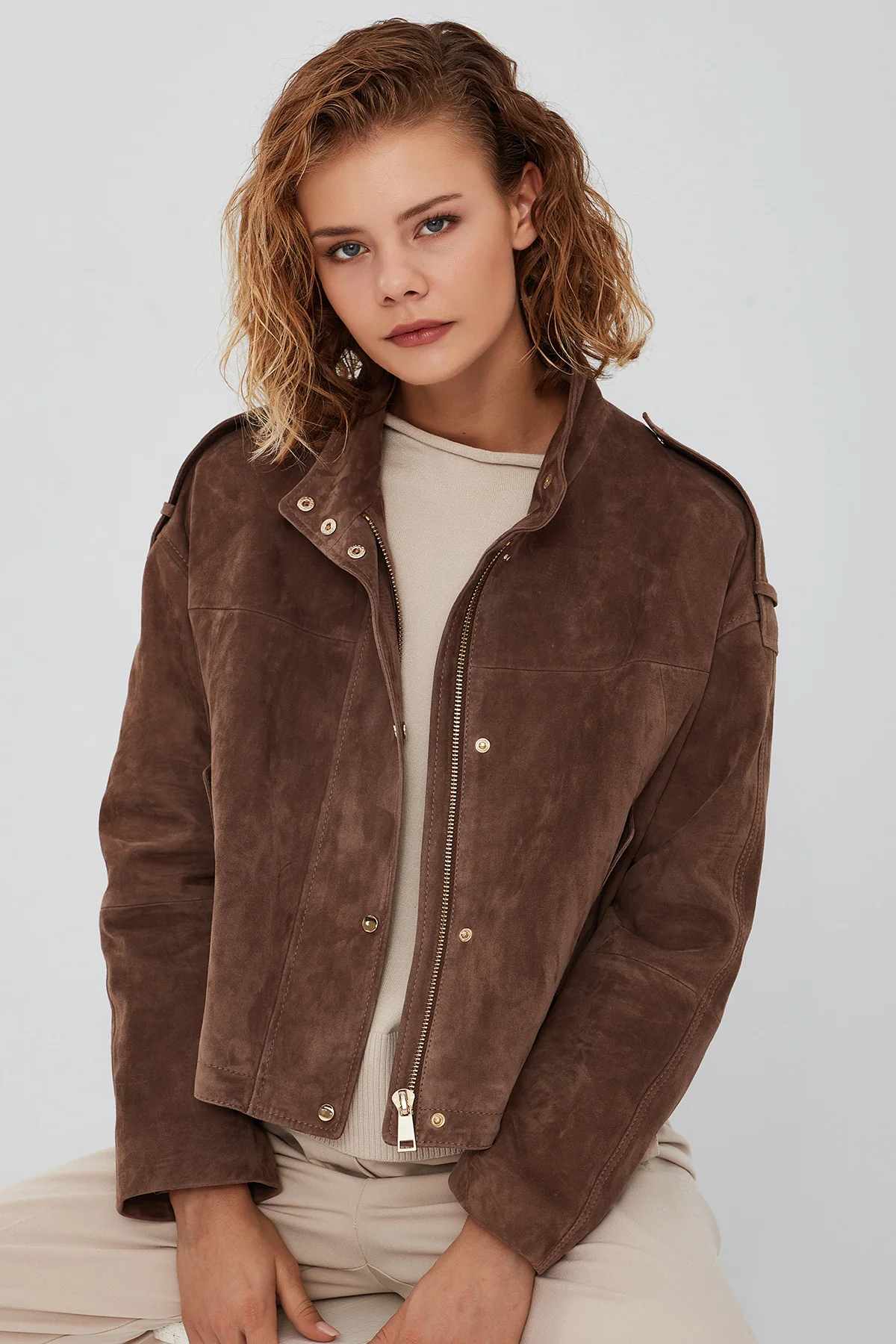 Cassy Kadın Vizon Oversize Süet Deri Ceket - Image 6