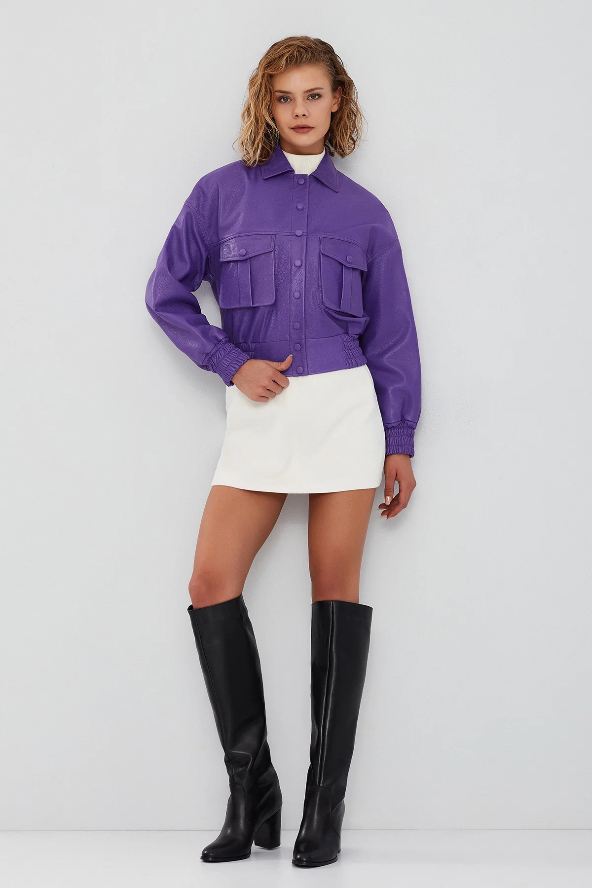 Chloe Kadın Mor Oversize Deri Ceket - Image 10