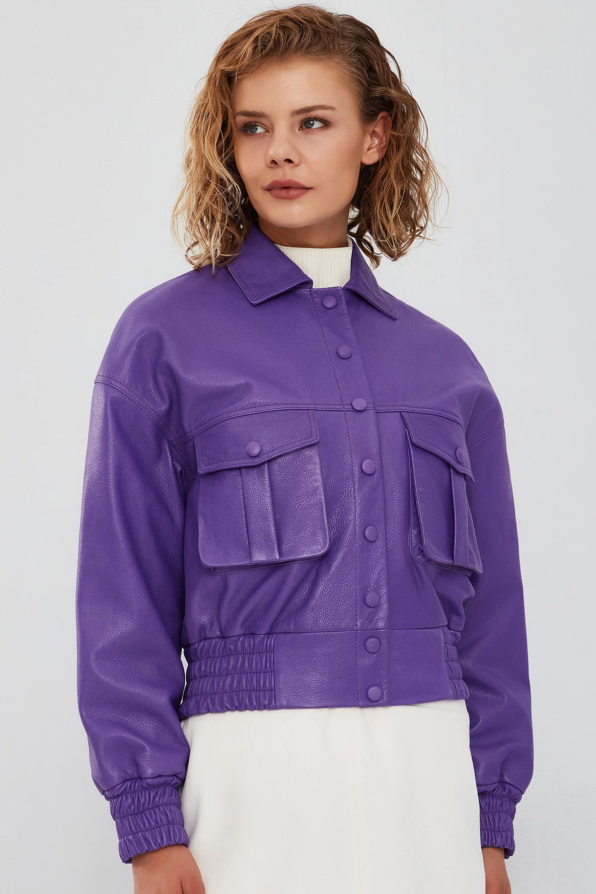 Chloe Kadın Mor Oversize Deri Ceket - Image 13