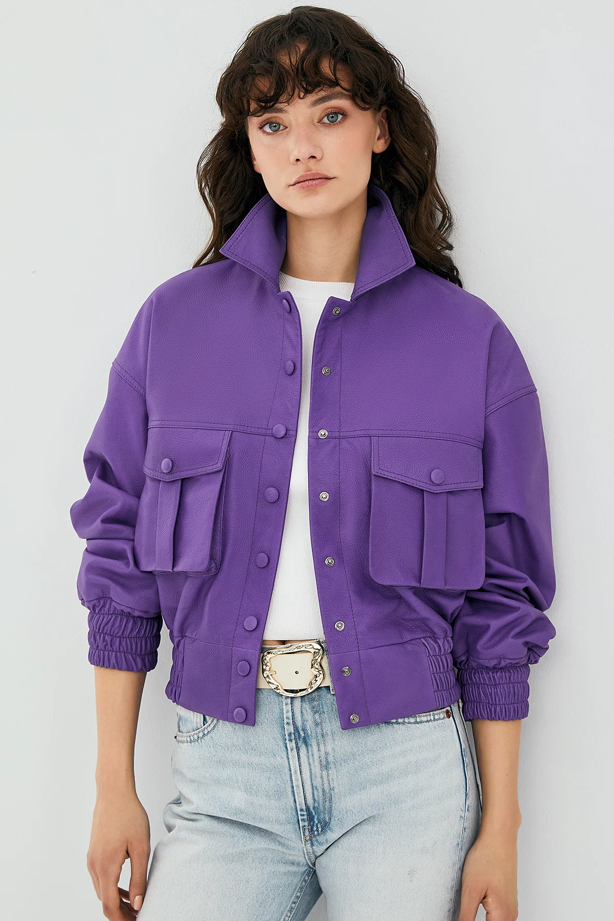 Chloe Kadın Mor Oversize Deri Ceket - Image 2