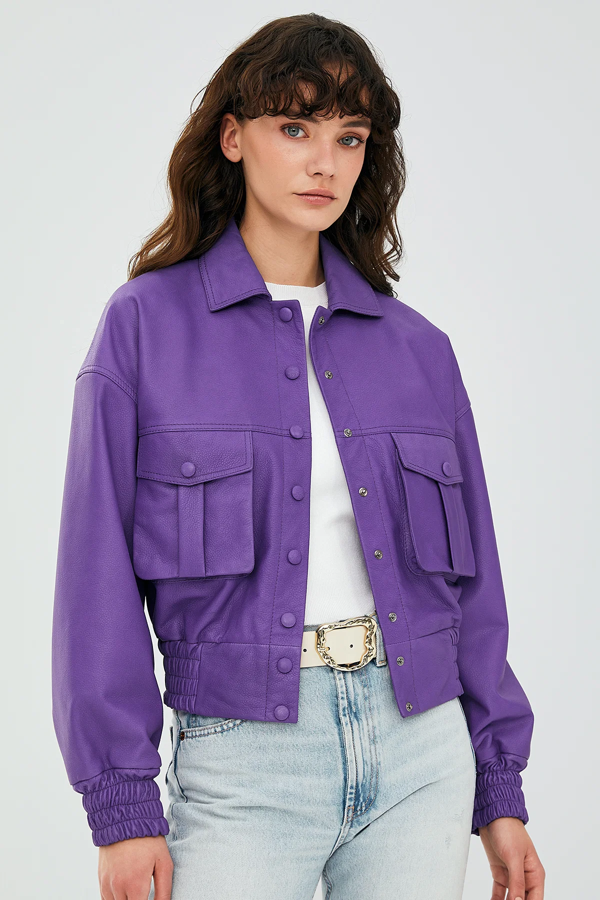 Chloe Kadın Mor Oversize Deri Ceket - Image 3