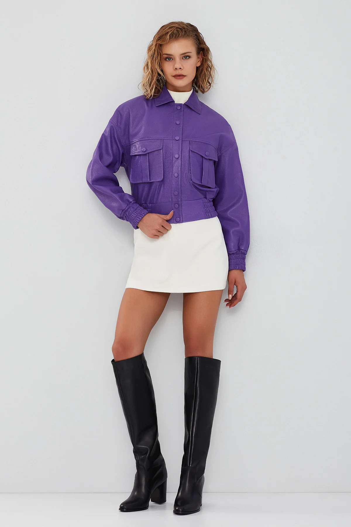 Chloe Kadın Mor Oversize Kısa Deri Mont - Image 8