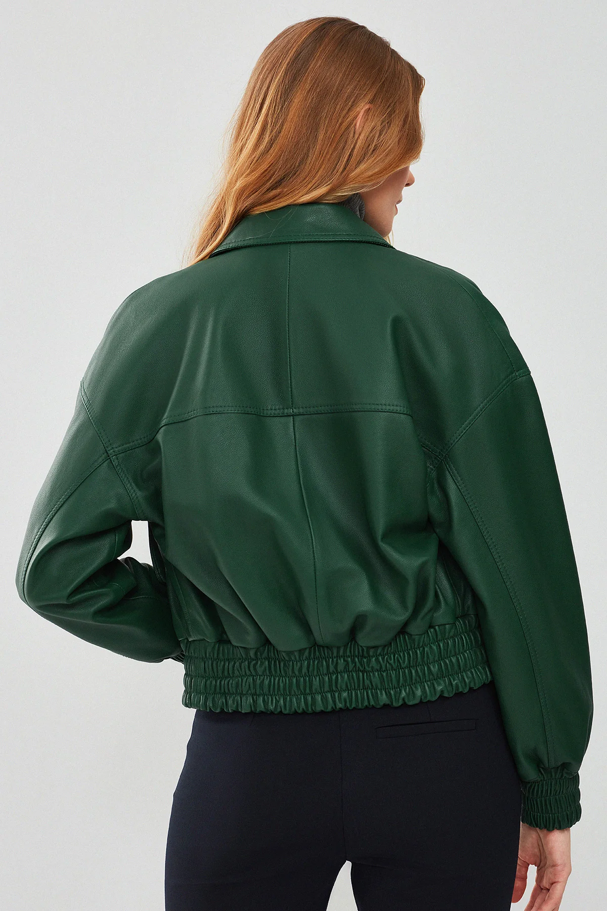 Chloe Kadın Yeşil Oversize Kısa Deri Mont - Image 5