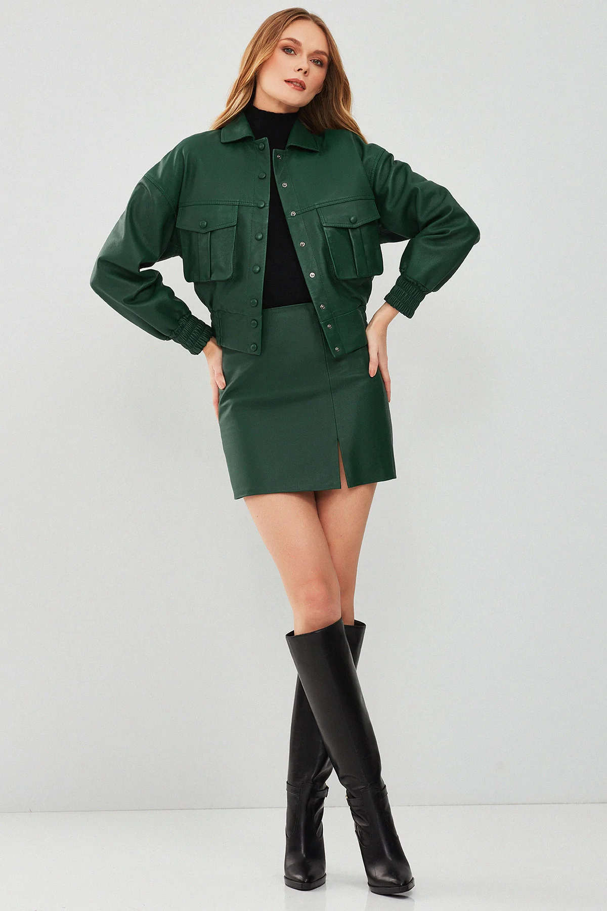 Chloe Kadın Yeşil Oversize Kısa Deri Mont - Image 7