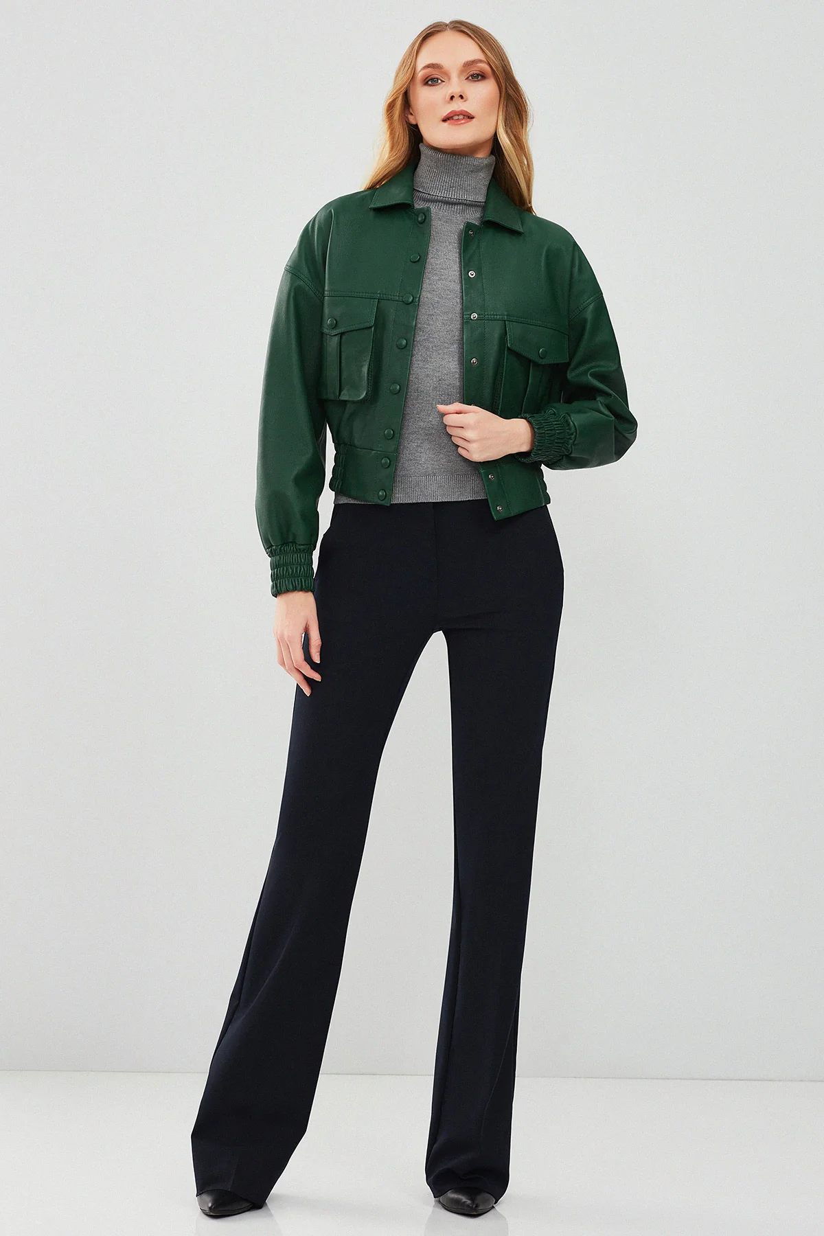 Chloe Kadın Yeşil Oversize Kısa Deri Mont - Image 9