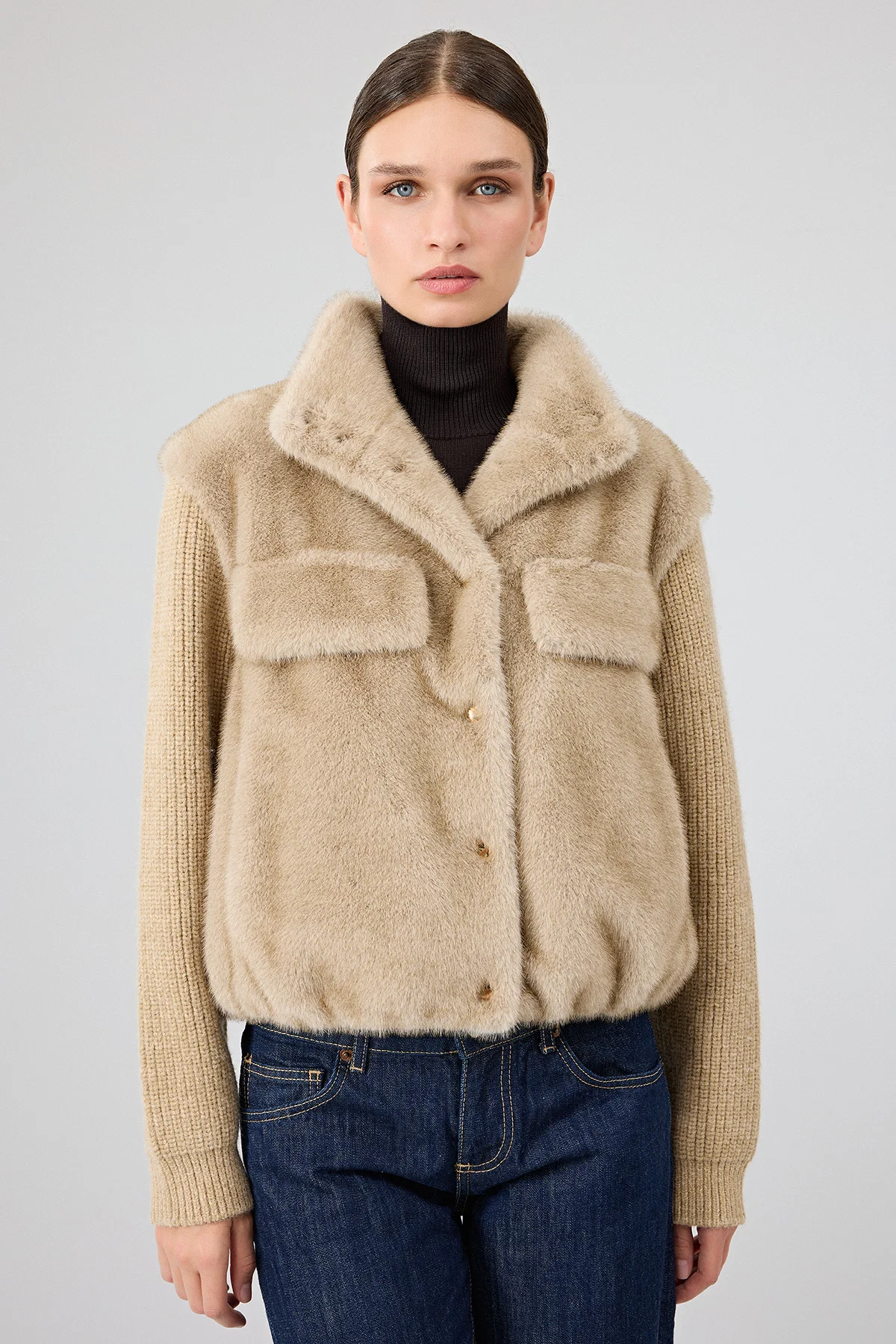 Cortina Kadın Bej Kısa Teddy Mont - Image 3