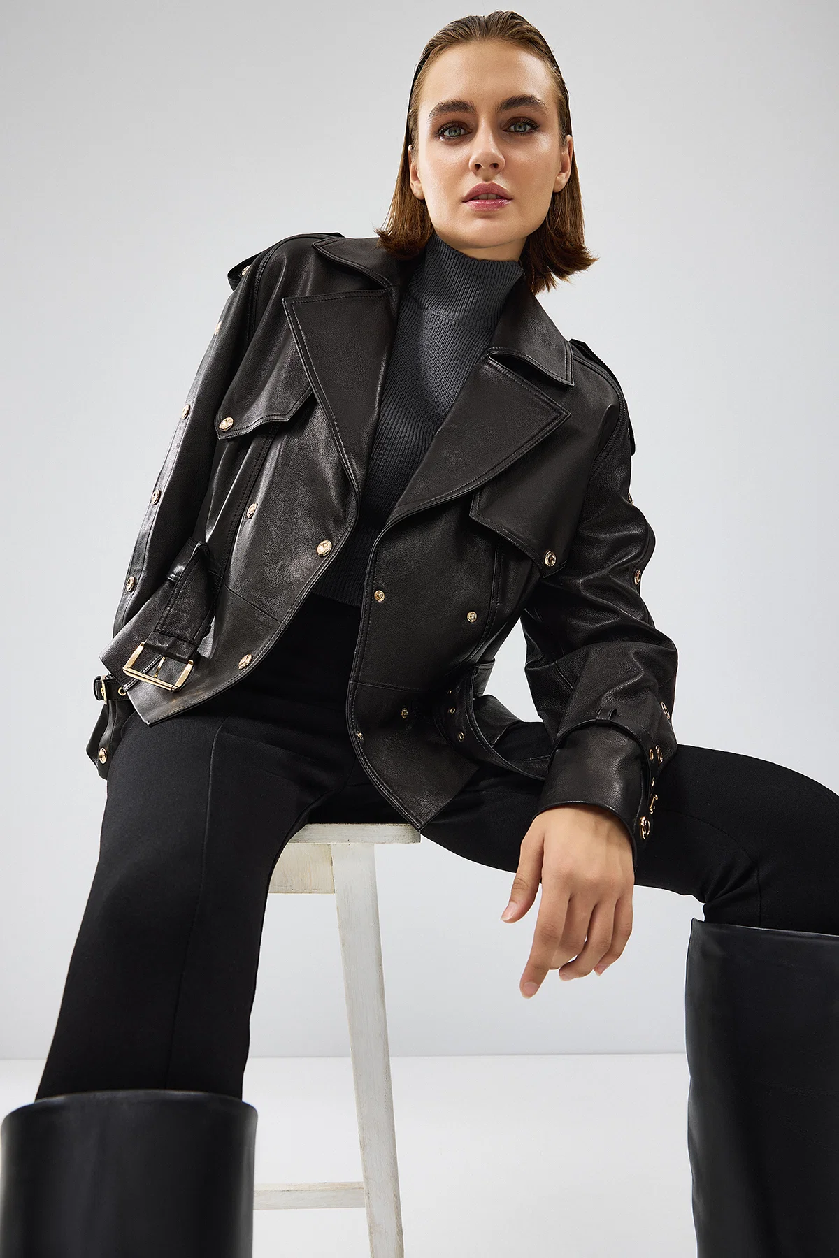 Crystal Kadın Siyah Biker Deri Ceket - Image 7