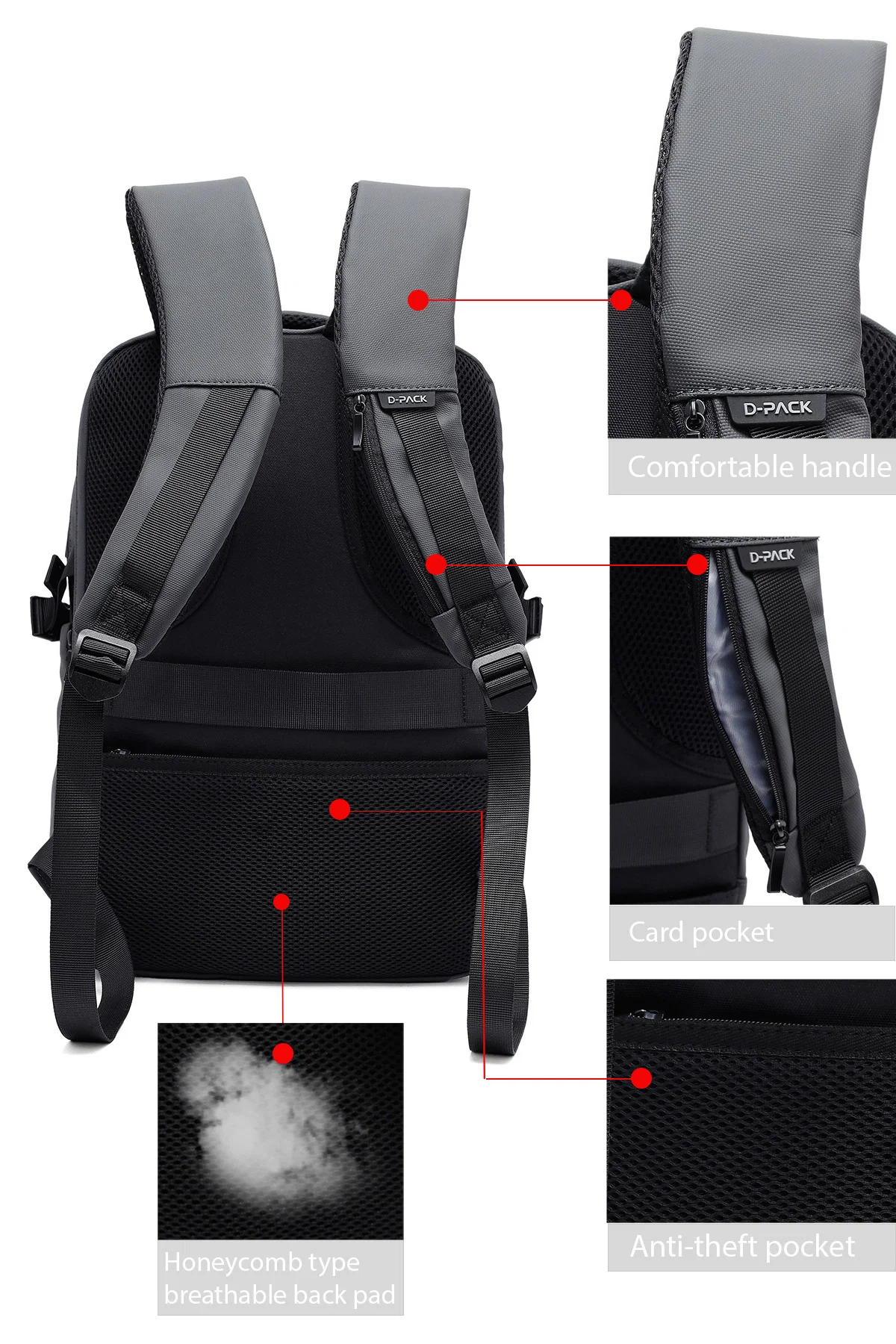 D-Pack Unisex Gri Teknolojik Kumaş Sırt Çantası - Image 5