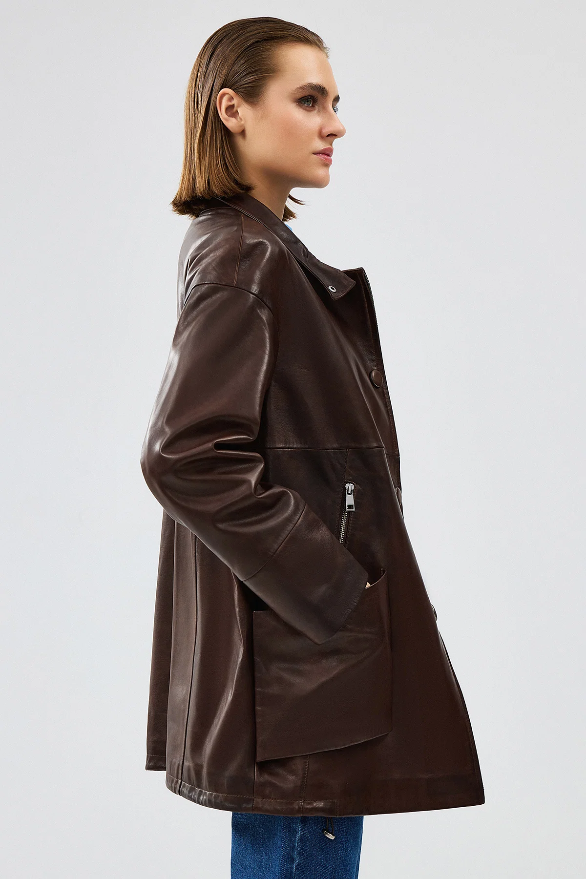 Dalida Kadın Kahverengi Oversize Deri Ceket - Image 2