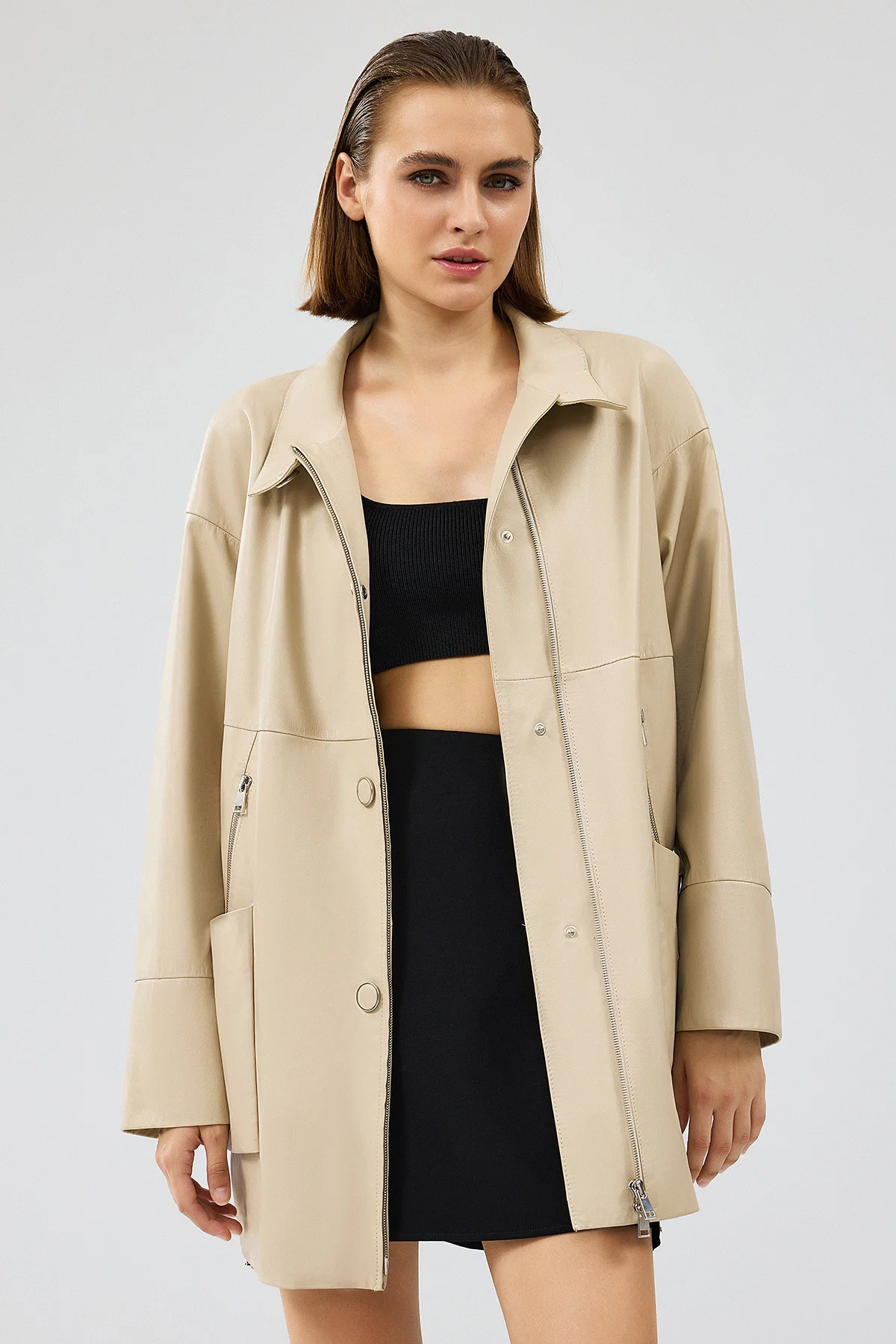 Dalida Kadın Krem Oversize Deri Ceket - Image 2